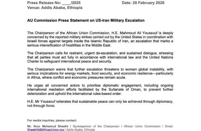 African Union Decries US-Israel Military Action On Iran Warns Of Wider Instability